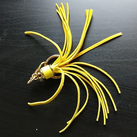 Faux Leather Yellow Tassel Keychain gold tone hardware spring hook clip 4" - Picture 5 of 7